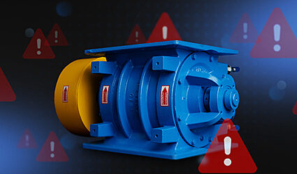 A blue ACS Valves rotary valve with warning signs hovering around it
