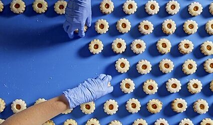 Two gloved hands placing tea cookies on a blue conveyor.