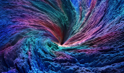 Funnel of blue material flows into an abstract vortex