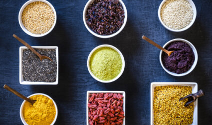 Different healthy grain foods in bowls