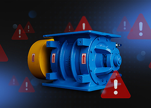 A blue ACS Valves rotary valve with warning signs hovering around it