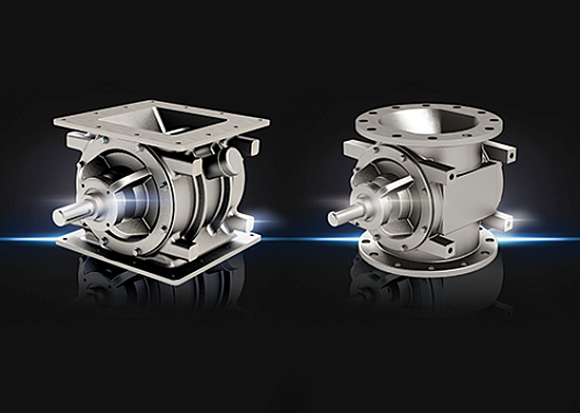 The square CI Series and round MD Series rotary airlock valves on a black background