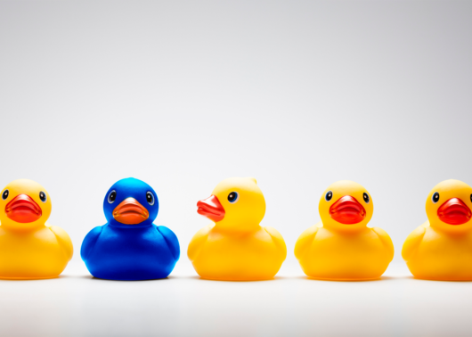 Several yellow rubber ducks in a row with one blue duck in the middle