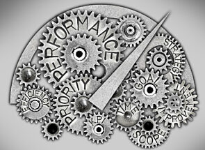 Gears and machine parts with words related to efficiency