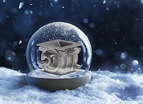 A rotary valve inside a snow globe in a snowy landscape