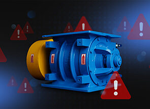 A blue ACS Valves rotary valve with warning signs hovering around it