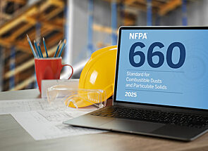 Engineers desk with screen showing NFPA 660.