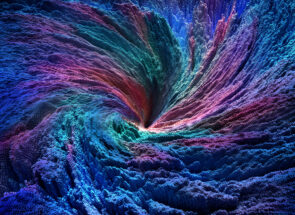 Funnel of blue material flows into an abstract vortex