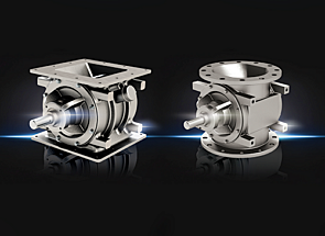 The square CI Series and round MD Series rotary airlock valves on a black background