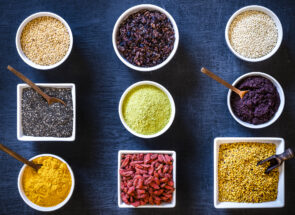 Different healthy grain foods in bowls