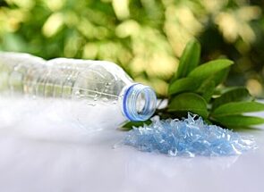 Plastic bottle next to plastic flakes and a bundle of leaves