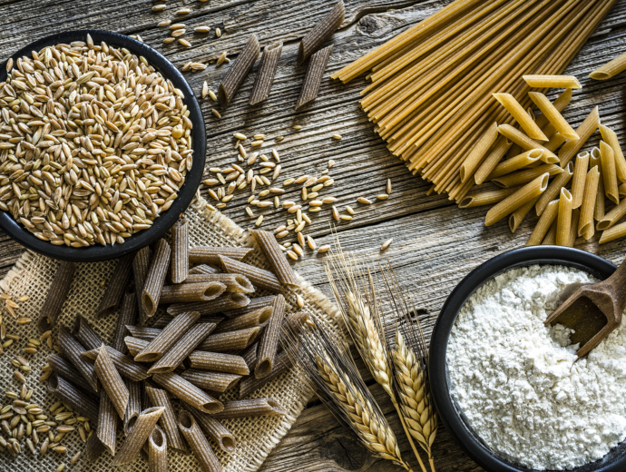 Photo of various grains, pasta and flour